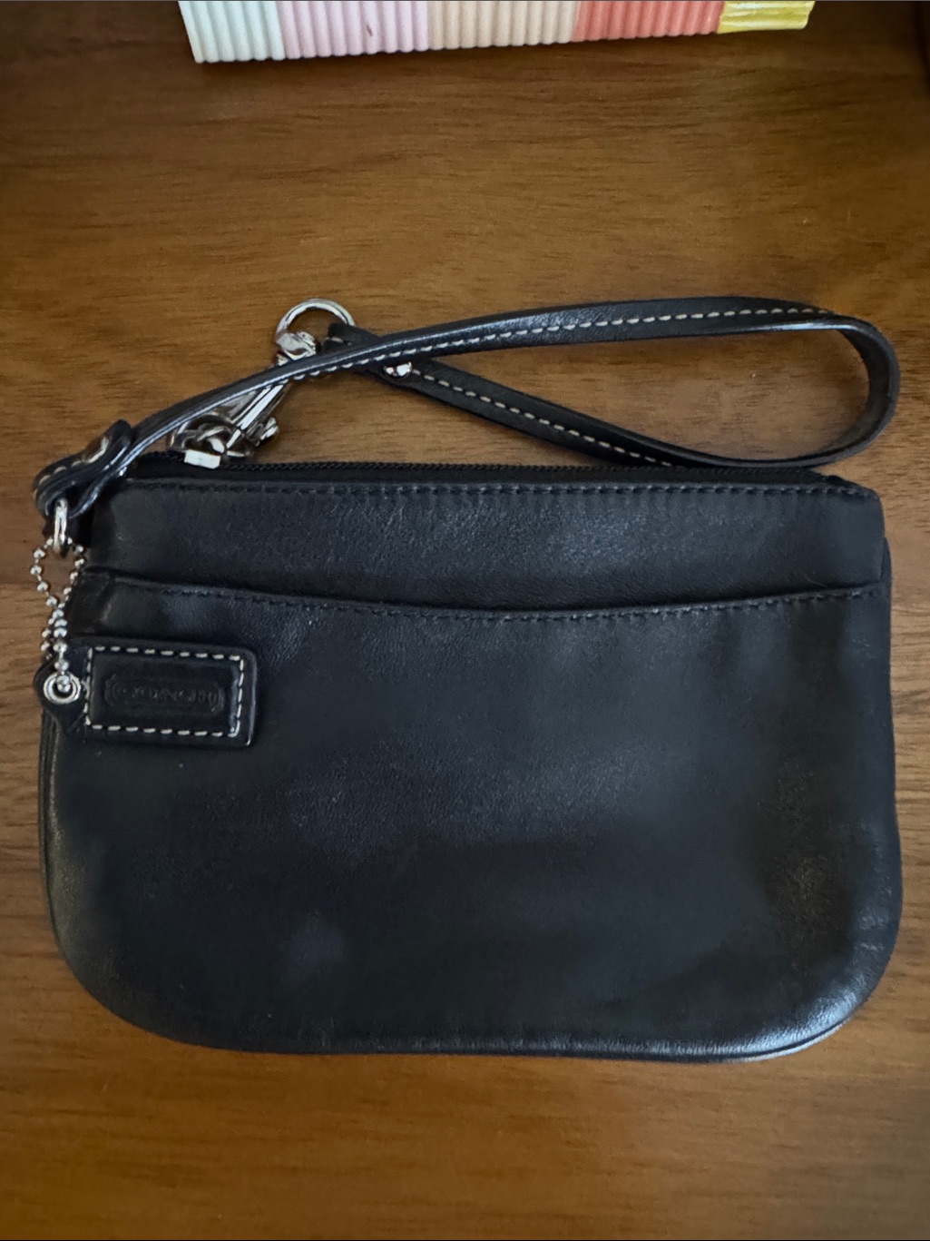 Coach Black Leather Wristlet Clutch With Stitch Detail